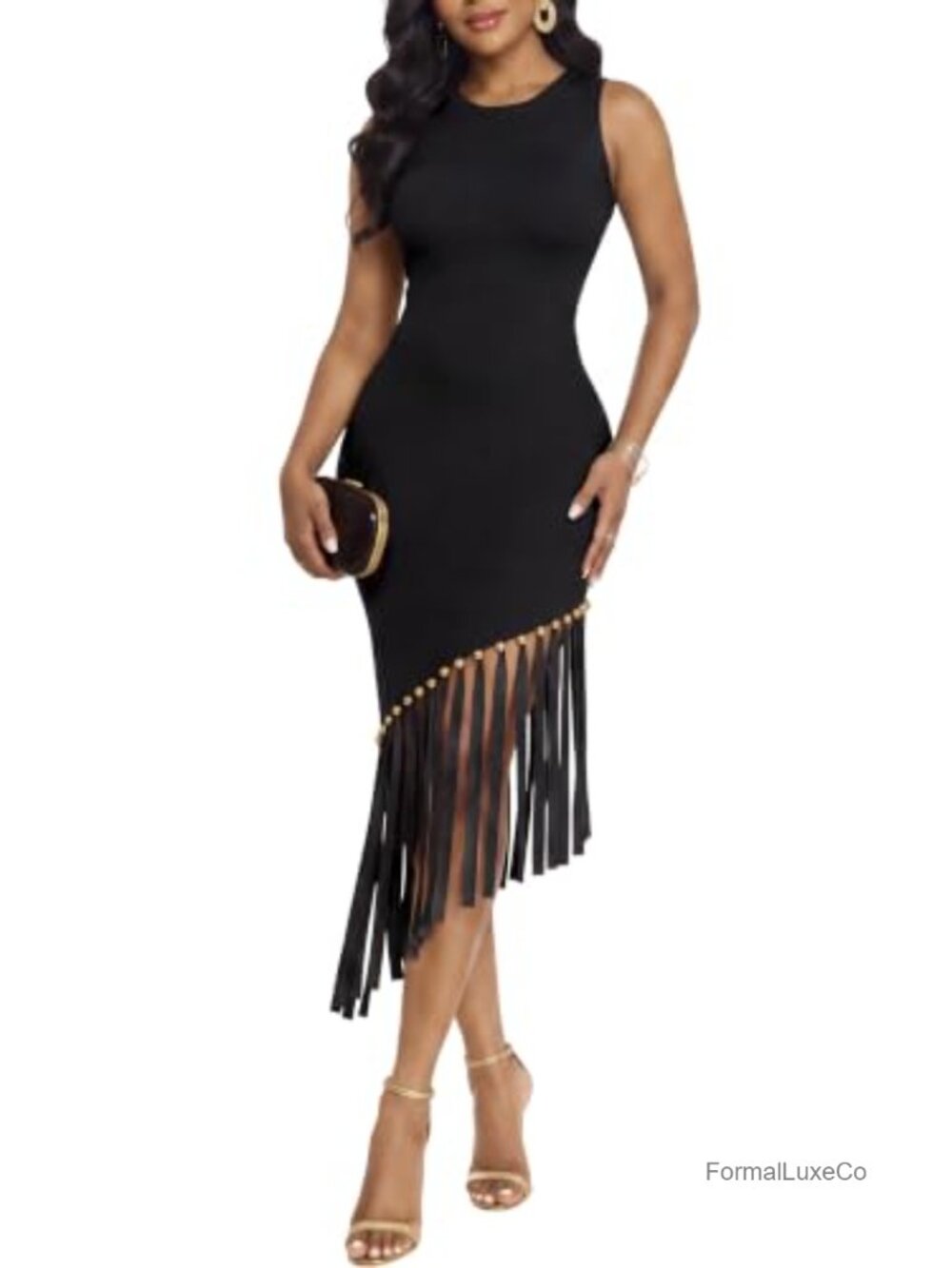 Elegant Knit Bodycon Midi Dress Sleeveless Fringe Hem